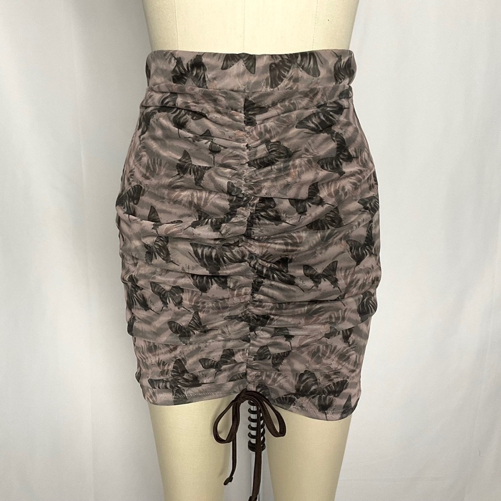 brown zebra and butterfly print mesh skirt